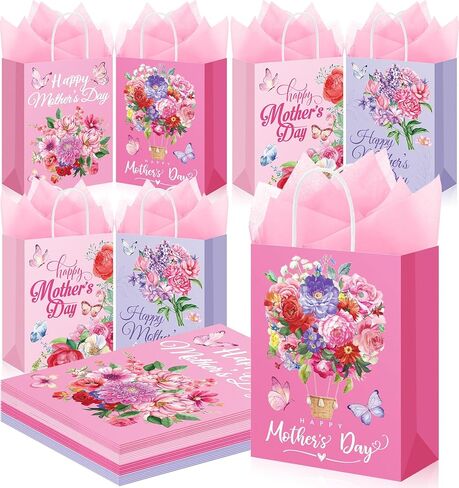 Kolldenn 100 Pcs Mother's Day Gift Bags Bulk Floral Happy Mothers Day Tissue Papers Floral Paper Bags with Handle for Mom Grandma Wife Mother's Day Gift Wrapping Supplies in Kuwait