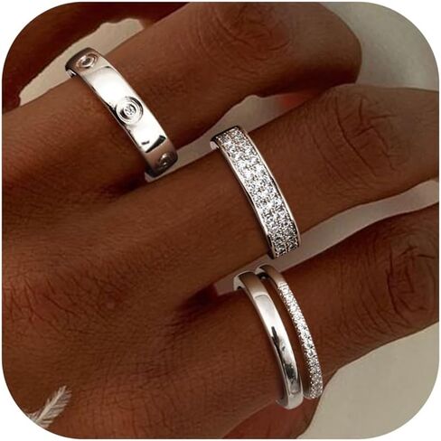 THUNARAZ 18K مطلية بالذهب خواتم أنيقة مكدسة للنساء مجموعات خواتم أنيقة قابلة للتكديس للنساء الذهب مكعب زركونيا خواتم الإبهام الذهب والفضة غير تشويه عصابات الزفاف وعد التراص خاتم المجوهرات in Kuwait