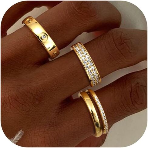 THUNARAZ 18K مطلية بالذهب خواتم أنيقة مكدسة للنساء مجموعات خواتم أنيقة قابلة للتكديس للنساء الذهب مكعب زركونيا خواتم الإبهام الذهب والفضة غير تشويه عصابات الزفاف وعد التراص خاتم المجوهرات in Kuwait