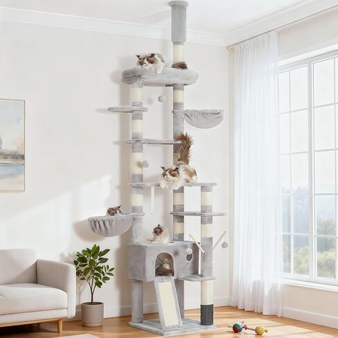 Hey-brother Cat Tree, 98.4-110.2 Inches Floor to Ceiling Cat Tree-Adjustable Height, Tall Cat Climbing Tower for Cats Large Adult with Scratching Post, Cat cando, Smoky Gray 0MPJ091G in Kuwait