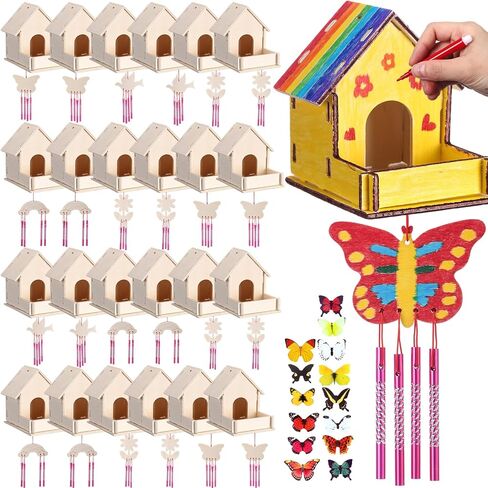 Feifeiya 24 Sets DIY Birdhouse Wind Chime Kit Build and Paint Birdhouses Wooden Arts 24 Unfinished Wooden Bird House 24 Wind Chime 38 Butterfly Sticker 24 Watercolor Pen Arts for Activity(Classic) in Kuwait