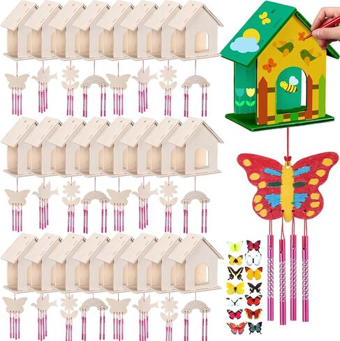 Feifeiya 24 Sets DIY Birdhouse Wind Chime Kit Build and Paint Birdhouses Wooden Arts 24 Unfinished Wooden Bird House 24 Wind Chime 38 Butterfly Sticker 24 Watercolor Pen Arts for Activity(Classic) in Kuwait
