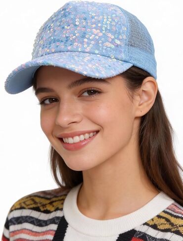 Sequin Ponytail Baseball Cap for Women Girls Velcro Ponycap Adjustable Mesh Trucker Hat in Kuwait