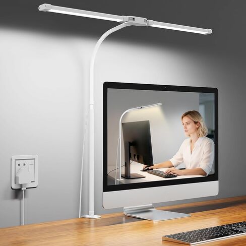 Desk Lamp with Clamp, with 5V 2A Adapter, LED Desk Lamp with Dual Head, 50 Light Modes, Computer Monitor Flexible Gooseneck Lamp, Eye Protection Desk Lamps for Study, Office, Crafts, Draw(White) in Kuwait