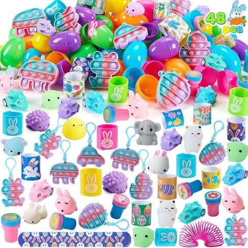 JOYIN 48 PCS Prefilled Easter Eggs with Assorted Toys, Stress Relief Toys for Easter Egg Hunt, Basket Stuffers, Party Favors, and Goodie Bag Fillers in Kuwait