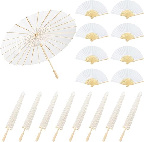 MOTOTO 8 Pack 33 Inch White Paper Umbrellas 8 Inch Foldable Handheld Fans, Oiled Chinese Japanese Paper Parasols Bulk White Parasols Umbrellas for DIY Painting, Wedding, Bridal Party, Ceiling Decor in Saudi Arabia