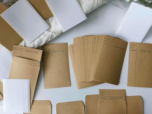 Library Card Pocket with Envelopes 80 Pack Self Adhesive Book Checkout out Cards - Due Date Note Cards Vintage Library Card Reading List Bookmark Card for Book Checkouts, Classroom Supplies (Brown) in Kuwait