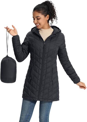 ZMC Women's Packable Puffer Jacket, Water-Resistant Hooded Puffer Jacket Lightweight Mid-Length Winter Puffer Coat in Kuwait