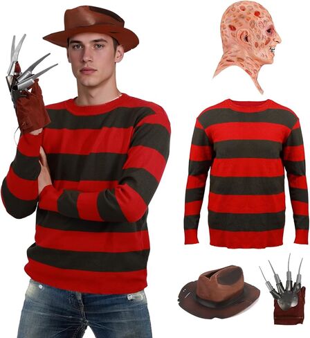 4pcs Freddy Mask Krueger Costume Red and Green Striped Sweater Horror Killer Glove Hat Set Halloween Cosplay for Adult in Kuwait