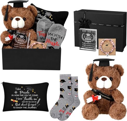 Baderke Graduation Gifts for Her 2025 Congrats Grad Gift Set Plush Bear Compass Bracelet Laser Engraved Acrylic Keepsake Novelty Socks Graduation Makeup Bag for Graduated Congratulations Gift(Black) in Saudi Arabia