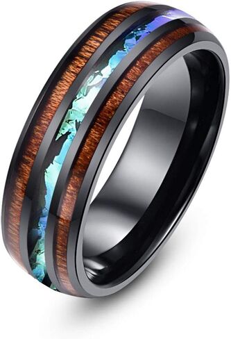 8mm Hawaiian Koa Wood and Abalone Shell Stainless Steel Rings Wedding Bands for Men Comfort Fit in Kuwait