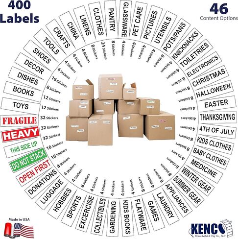 تتضمن ملصقات Kenco Color Colored Moving - Pull Box Pack - ملصقات تعبئة اللوازم الهشة (حزمة الغرفة) in Kuwait