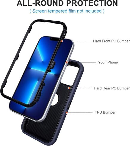 حالة الهاتف لـ iPhone 13 Defender ، حماية شديدة التحمل الكامل للجسم ، 3 طبقات من غطاء الهاتف القوي والمضاد للسيليكون (أسود) in Kuwait