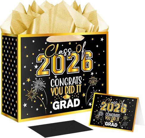 Jaywayang 12.6" Large Black and Gold Graduation Gift Bag, 2025 Congrats Grad Desgin Gift Bag with Tissue Paper and Card for High School, College Graduation Season Theme Party. in Saudi Arabia