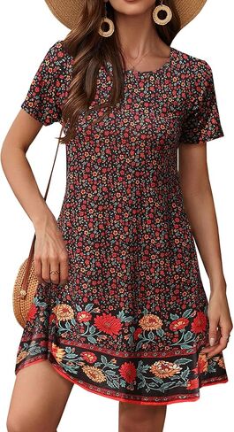 Sherosa Womens Summer Floral Print Sleeveless Sundress/Short Sleeve Pockets Casual Loose Swing T-Shirt Dress in Kuwait