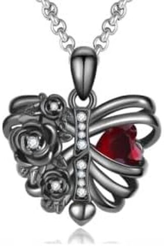 LES OSEWA Gothic Rib Cage Necklace Sterling Silver Black Skull Pendant Skeleton Heart Necklace Halloween Goth Jewelry Skull Gifts for Women Men in Kuwait
