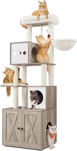 Feandrea Cat Tree with Litter Box Enclosure, 2-in-1 Modern Cat Tower, 70.8-Inch Tall Cat Condo with Scratching Posts, Perch, Caves, Basket, Washable Cushions, Heather Greige UPCT116G01 in Kuwait
