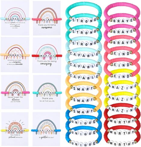 24 Sets End of Year Bracelets Gift Summer Encouragement 24 Motivational Clay Bead Bracelets 24 Inspirational Thank You Cards for End of Year Summer Birthday Party Favors Gifts from Teacher in Saudi Arabia