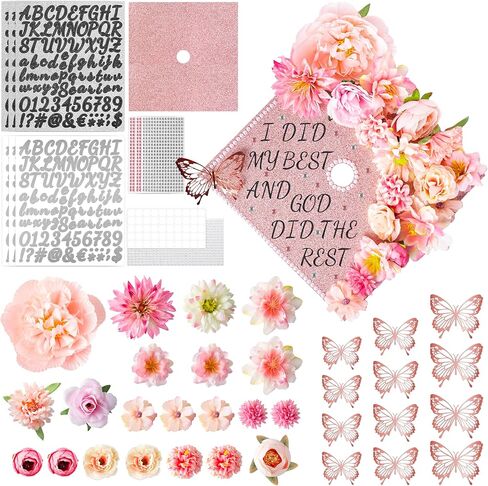 Watinc Rose Gold DIY Cap Decorations ، 46pcs 2025 DIY Grad Bandband Cap with 3D Butterfly Flower in Kuwait