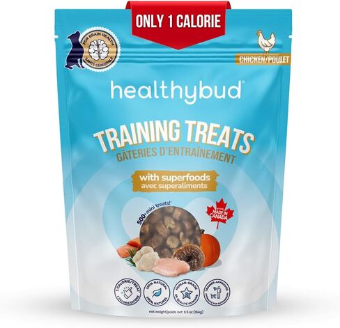HealthyBud Mini Training Trading - لدغات مدرب ناعمة ، 500 بت ، 1 كيلو كالوري لكل لدغة ، 6.5 أوقية ، ريشي ، ماني الأسد ، زيت سمك السلمون ، مضغ جرو (دجاج) in Kuwait