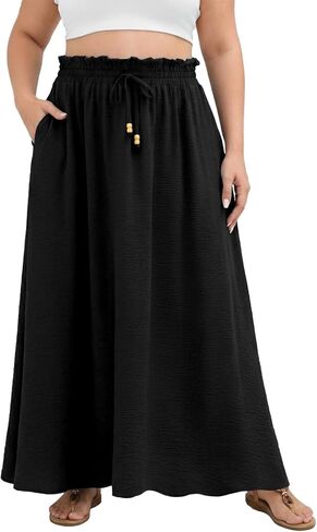 Plus Size Maxi Skirts for Women Summer Boho Pleated Elastic High Waist A-line Long Skirt with Pockets in Kuwait