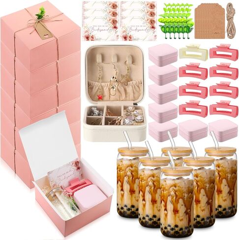 Quelay 56 Pcs Bridesmaid Proposal Gift Set, 15oz Glass Cup, Mini Jewelry Box, Square Clips, Gift Box Will You Be My Bridesmaid Invitation Card for Bridal Shower Bridesmaid Bachelorette Party(Pink) in Kuwait