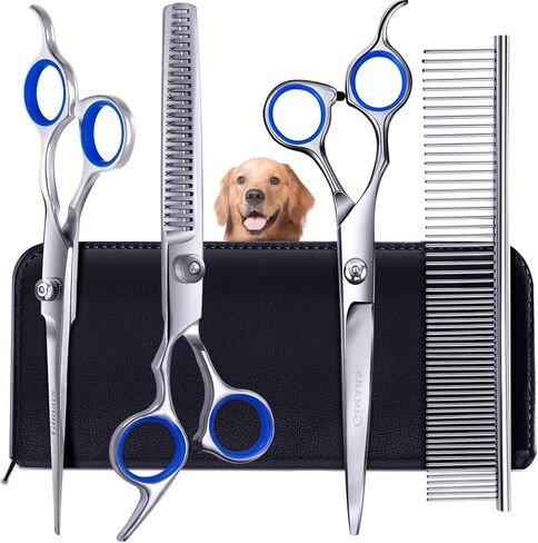 Gimars 8 Inch Professional 440C Stainless Steel Dog Grooming Scissors Heavy Duty 6 In 1 - Straight, Thinning, Chunker, Curved Shears and Comb, Ergonomic Pet Grooming Scissor for Dogs, Cats in Kuwait