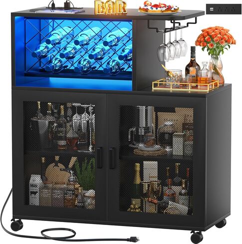 Small Bar Cart with Wheels, Liquor Cabinet with LED Light, Wine Bar Cabinet with Power Outlets, Home Mini Bar with Wine Rack, Glasses Storage for Kitchen, Dining Room, Living Room, Grey in Kuwait