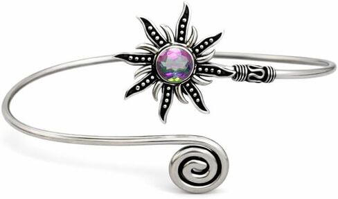 Silver Sunburst Arm Cuff, Rainbow Moonstone Boho Upper Arm Bracelet, Spiral Arm Cuff, Gemstone Armlet, Sun Bohemian Jewelry Gift in Kuwait