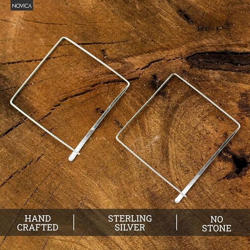 NOVICA Artisan Handmade Sterling Silver Hoop Earrings Artisan Crafted No Stone Thailand Modern [1.8 in L x 1.8 in W] ' Minimalist Square' in Saudi Arabia