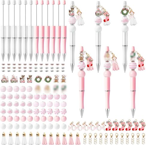 Christmas Beadable Pens Kit - 12 Set Xmas DIY Ballpoint Pen Making with Acrylic Bead Craft for Kids, Christmas Party Vintage Pink Beaded Pen Bulk Charm Crafting Supplies for School Student Gift in Kuwait