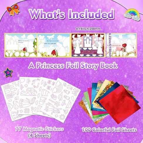 SOOVSY Foil Art & Craft Fun Kit for Kids, Princess Foil Story Book with 77 Magnets & 100 Color Sheet, Christmas Fun Supplies, DIY Creative Activity, Travel Toys, Gifts Set for Ages 4, 5, 6, 7, 8, 9 in Kuwait