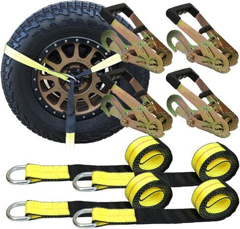 Boxer 4-Pack Car Tie Down with Snap Hook - Lasso Style – 2 inch x 10 Feet – Yellow Strap with Black Trim - Car Trailer Tie Down in Kuwait