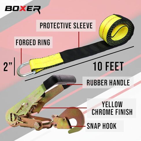 Boxer 4-Pack Car Tie Down with Snap Hook - Lasso Style – 2 inch x 10 Feet – Yellow Strap with Black Trim - Car Trailer Tie Down in Kuwait