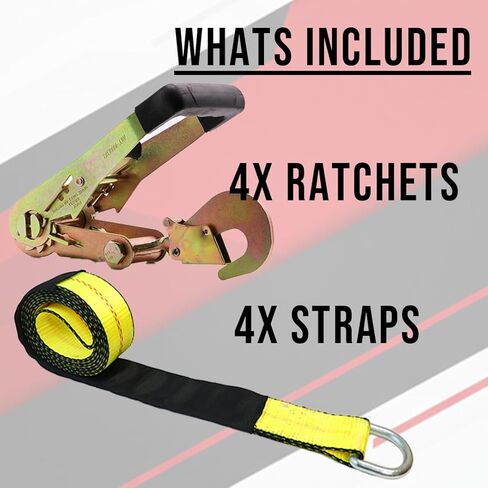Boxer 4-Pack Car Tie Down with Snap Hook - Lasso Style – 2 inch x 10 Feet – Yellow Strap with Black Trim - Car Trailer Tie Down in Kuwait