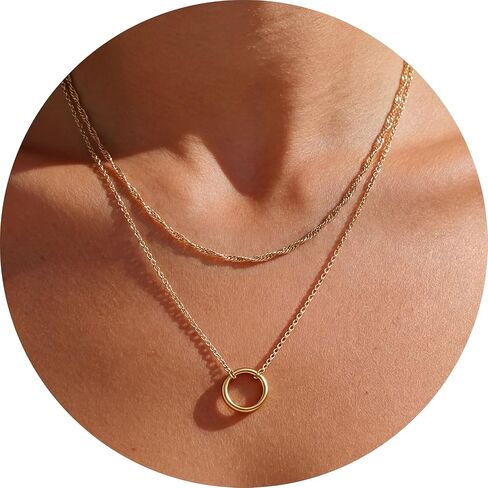 Galis Layered Gold Necklaces for Women - Gold Plated Set 14.5" & 16.5" + 2" Extension with Small Round Faux Diamond Pendant, Trendy CZ Diamond Solitaire Necklace for Women with Lobster Clasp in Kuwait