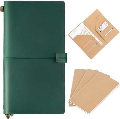Leather Travelers Notebook, 8.6'' x 4.6'', Refillable Vintage Travel Journal, Handmade Leather Journal with Kraft Folder, and 3 Inserts (Camel) in Kuwait