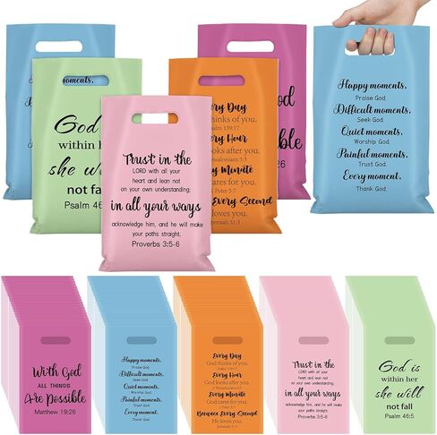 Yinder 200 Pcs Religious Gift Church Bags Bulk Plastic Goody with Handles Bible Verse Bags Christian Candy Gift for Mother's Day Church Party Supplies Party Favor Decoration in Saudi Arabia