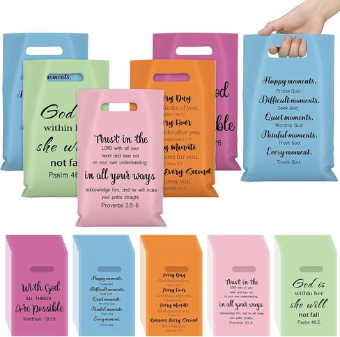 Yinder 200 Pcs Religious Gift Church Bags Bulk Plastic Goody with Handles Bible Verse Bags Christian Candy Gift for Mother's Day Church Party Supplies Party Favor Decoration in Saudi Arabia