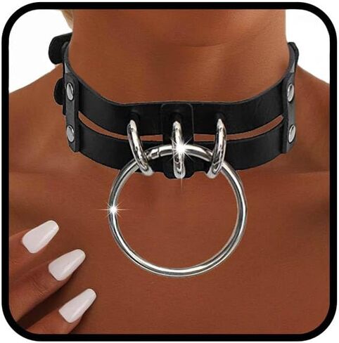 Obmyec Punk Leather Choker Collar Gothic 2-tier Circle Ring Necklace Soft PU Leather Rave Party Chokers for Women and Girls (rose pink) in Kuwait