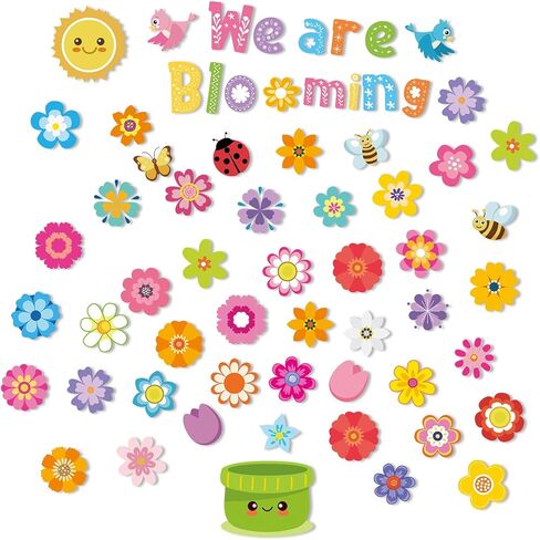 120 PCS Spring Flower Cut Outs Stet Colorful Floral Classroom Bulletin Decord مع نقاط الغراء الزهور الزهور Sun Bird Butterfly ، نحن نتفتح في فرز للديكور الجدران (نمط عيد الميلاد) in Kuwait