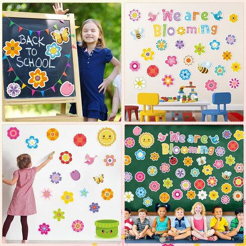 120 PCS Spring Flower Cut Outs Stet Colorful Floral Classroom Bulletin Decord مع نقاط الغراء الزهور الزهور Sun Bird Butterfly ، نحن نتفتح في فرز للديكور الجدران (نمط عيد الميلاد) in Kuwait