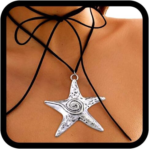 Tgirls Black Velet Necklace Silver Starfish Pendant Necklace Suede Vintage Necklaces Long Rope Choker Necklace for Women and Girls in Kuwait