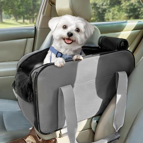 PETSFIT Multipurpose Center Console Dog Car Seat, Airline Approved Dog Car Carrier with Safety Tether and Pockets, Portable Cat Car Seat, Dog Car Seats for Small Dogs, Cats Up to 9 LBS (Deep Grey) in Kuwait