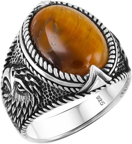 Natural Tiger Eye Stone Solid 925 Sterling Silver Ring for Men with Eagle on Side in Kuwait