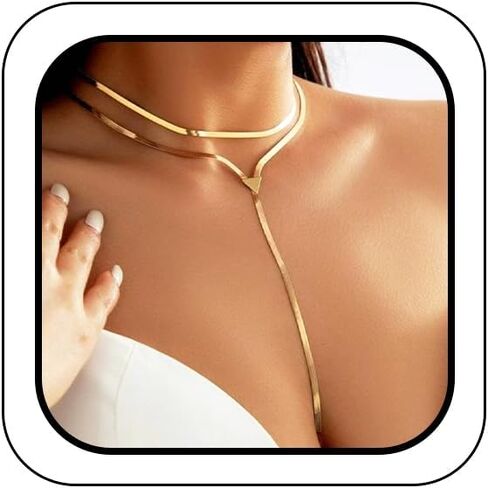 Long Layered Gold Y Shaped Necklace for Women, Dainty 14k Gold Snake Bone Chain Pendant Choker Triangle Lariat Statement Tassel Necklace Gifts in Kuwait