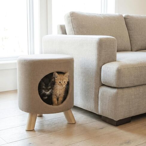 4 Cats & Dogs Wallie Stool - Plush Polyester Pet Stool with Wooden Legs, Cozy Hideaway for Cats & Small Dogs, Multipurpose Footstool & Seat, Modern Minimalist Design for Home & Office - Tan in Kuwait
