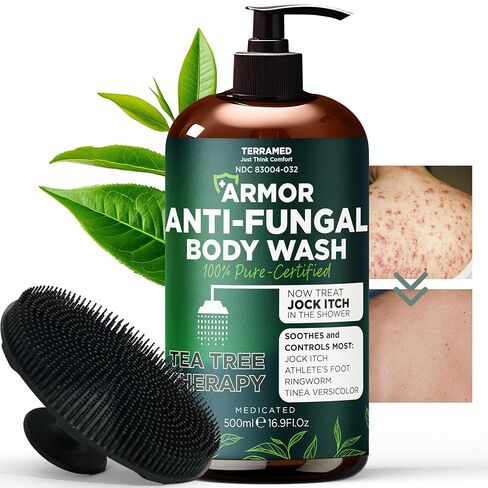 Body Scrub | Tea Tree Oil Scrub with Manuka Honey and Salicylic Acid | Fights Jock Itch, Acne, Rashes & Body Odor | Anti Fungal Natural Body Exfoliator for Men and Women with Free Scrubber Brush in Kuwait