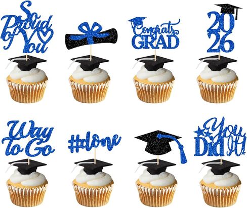 Graduation Decorations 2025 Blue, Graduation Cupcake Toppers 2025 Blue Black, Glitter Class of 2025 Cupcake Toppers Supplies, Class of 2025 Congrats Grad Cap Diploma Cupcake Picks - 40Pcs in Kuwait