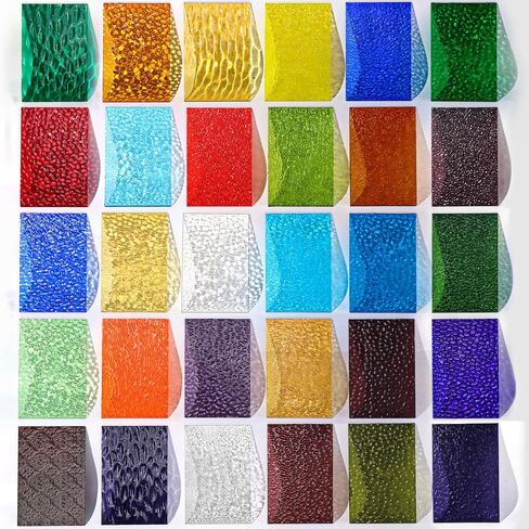 Adrattnay 30Pcs Stained Glass Sheets 4 x 6in, Translucent Stained Glass Sheets 1/8in with Ripple Texture, 3mm Colored Glass Sheets for Mosaic Glass Tiles Projects Cathedral Window Art Glass Crafts in Kuwait